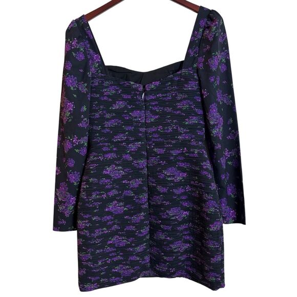 Amur Giulia Pleated Mini Dress Long Sleeve Black Purple Floral Size 6 - Picture 9 of 16